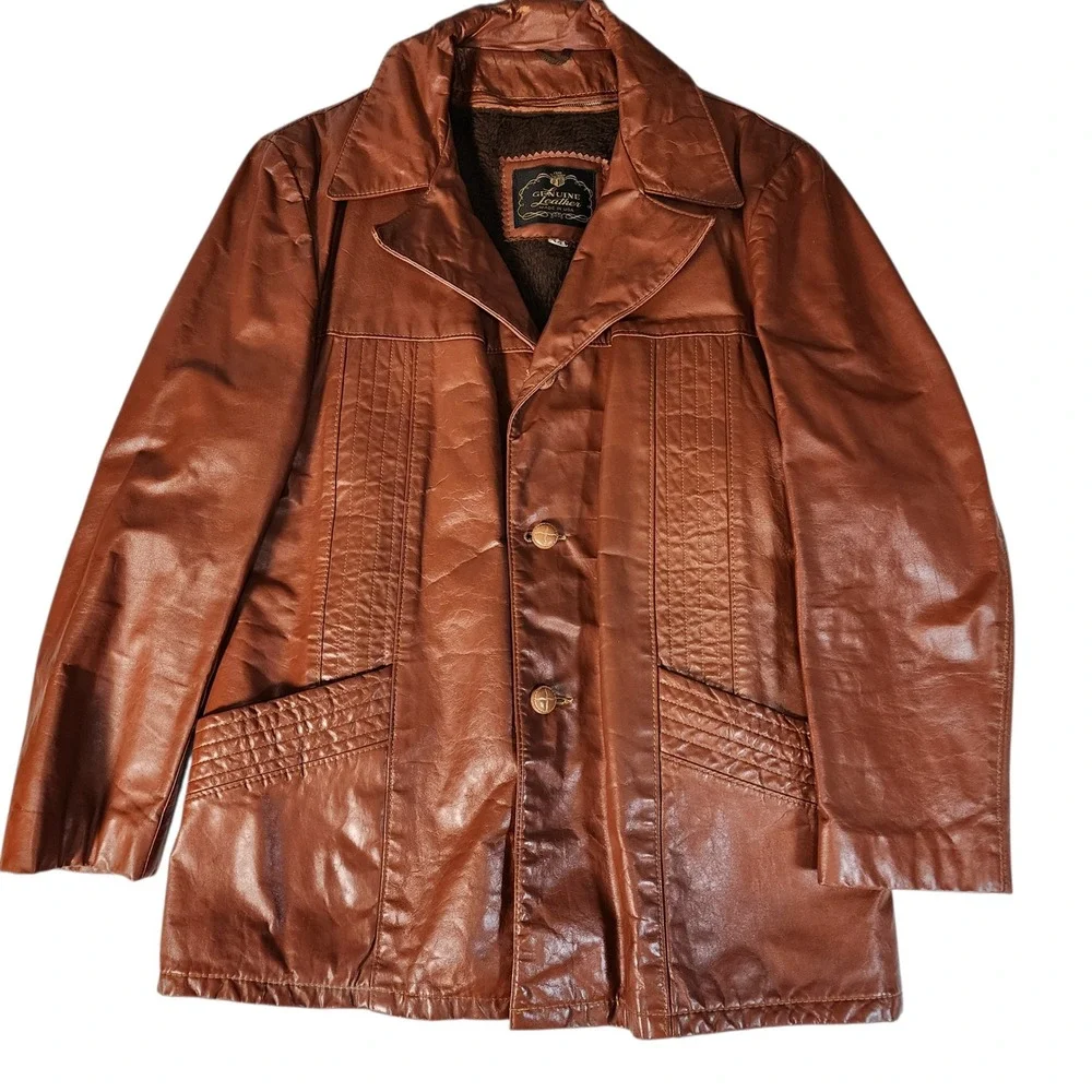 Vintage Genuine Leather Blazer Jacket Men's 42 Brown Faux Fur Lined Made in USA‎
